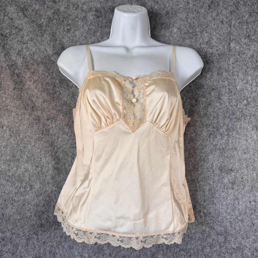 VTG Ivory Camisole Satin Lace Trim Cami Sexy Lingerie‎ Size 36 USA Babydoll M